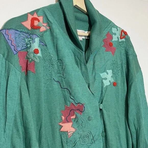Vintage Marc D’alcy Sweater 80s Women’s Embroidery Embellished Size Small Green - Picture 9 of 12